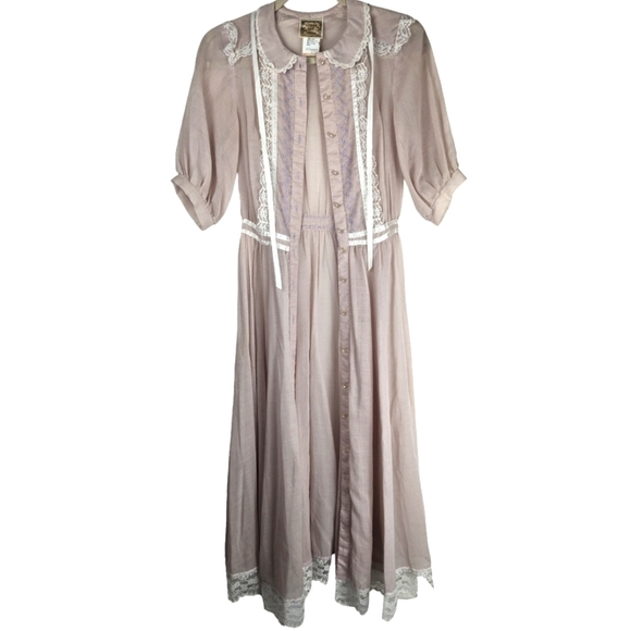 Gunne Sax Vintage Pastel Sheer Lace Button-Up Midi Girlhood Blouson Dress Size 5 - Picture 2 of 16
